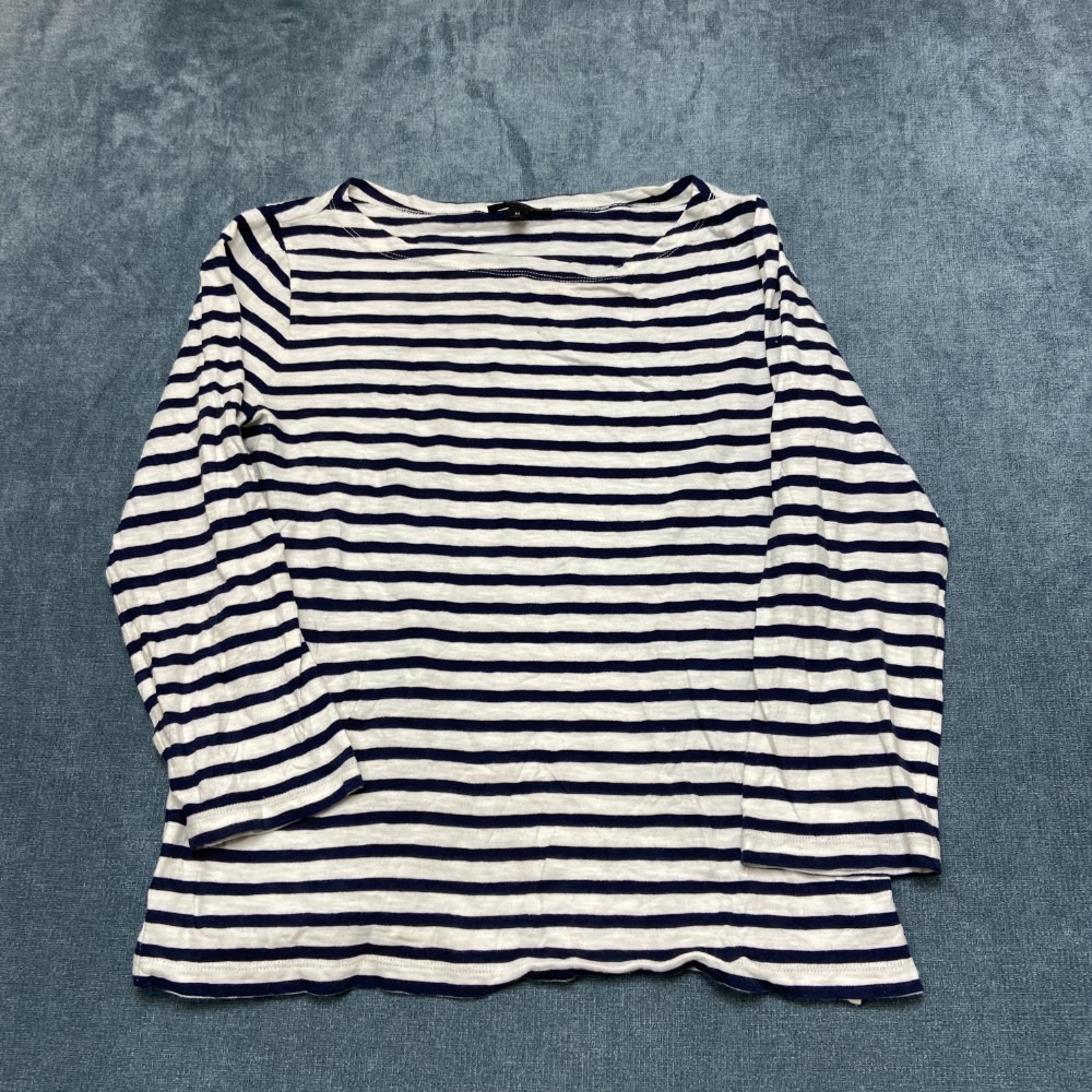 J.CREW Shirt Women Medium White Blue Striped All Day Comfort Boat Neck Side Slit